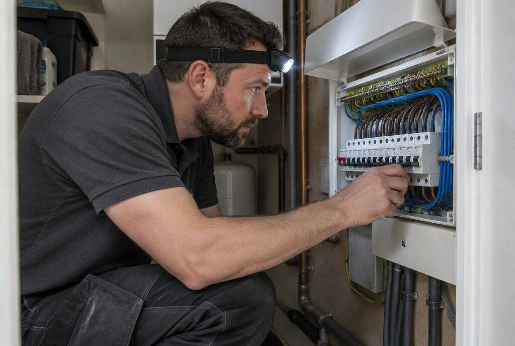 Electrician inspecting wiring inside a consumer unit