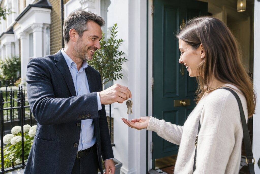 Landlord handing house keys to a new tenant outside a London terraced house