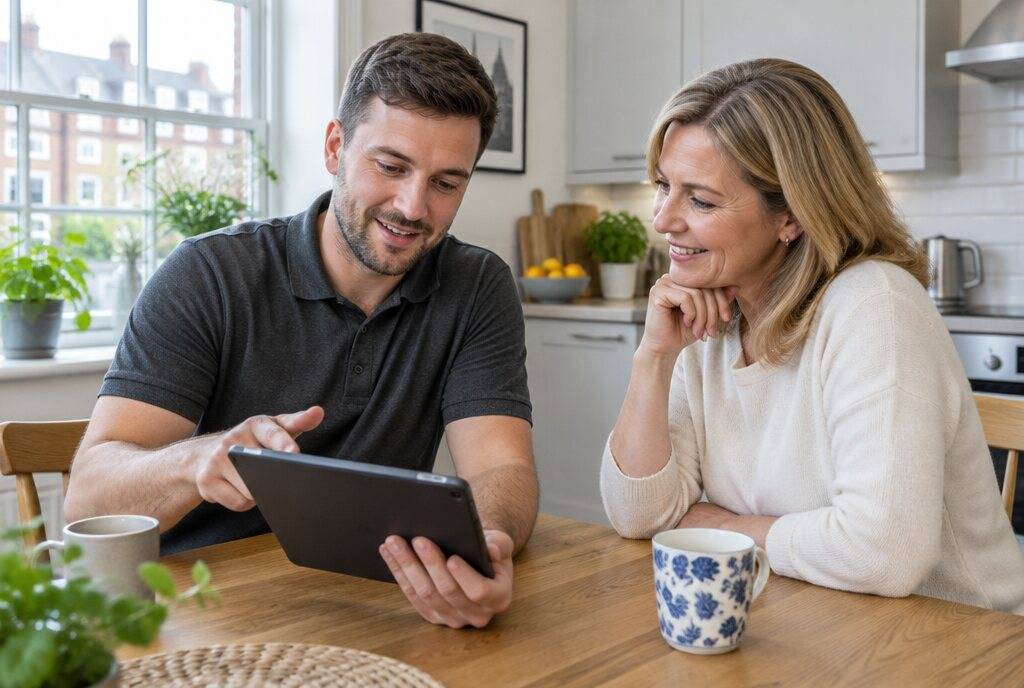 Electrician talking a homeowner through an electrical report on a tablet