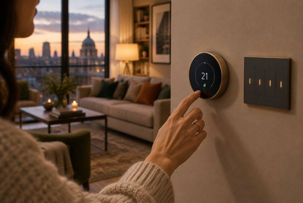 Smart thermostat and light switches in a London living room