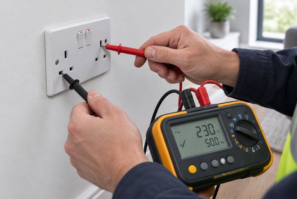 Electrician testing a wall socket with a multifunction tester